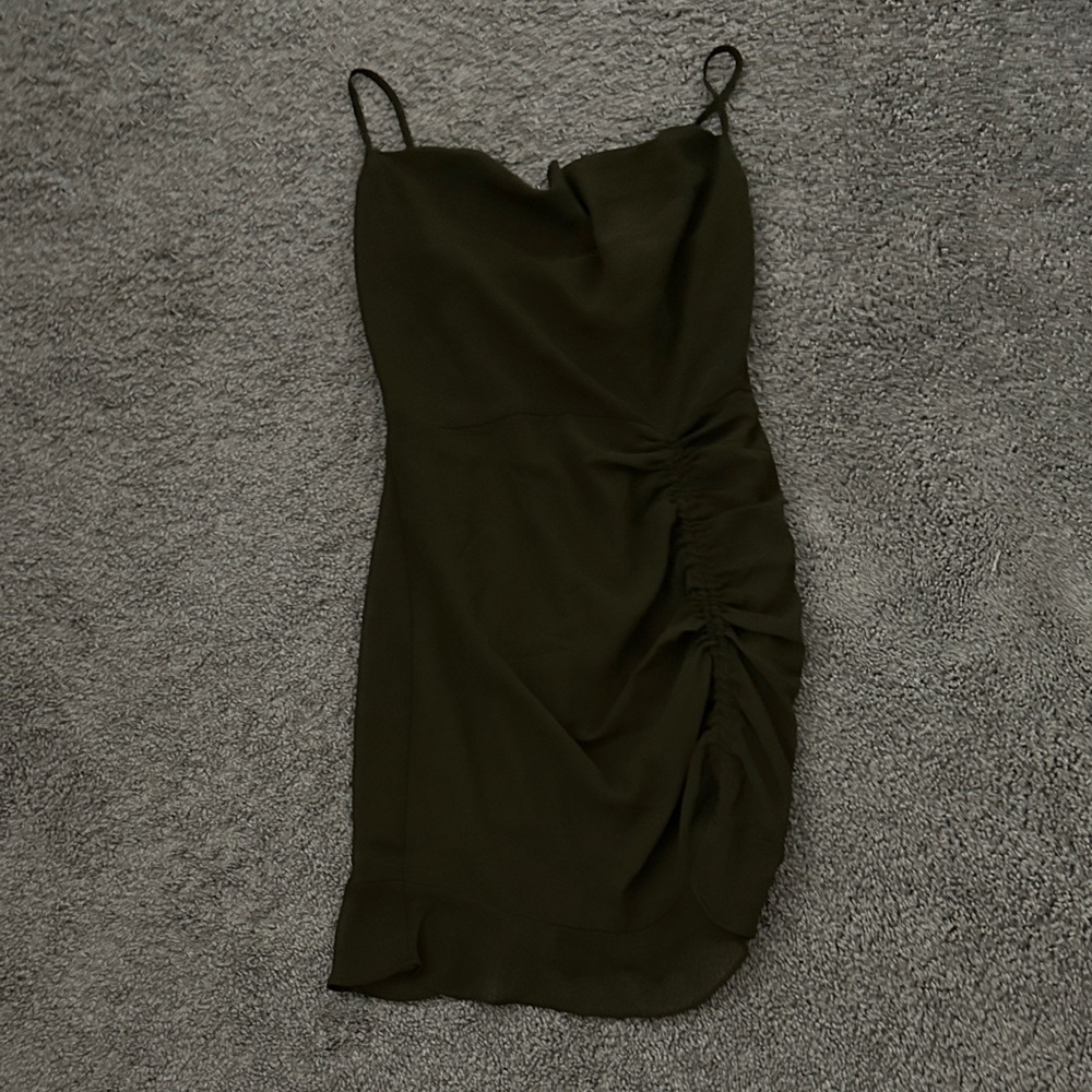 Slip Ruched Spaghetti-Strap Dress in Dark Olive